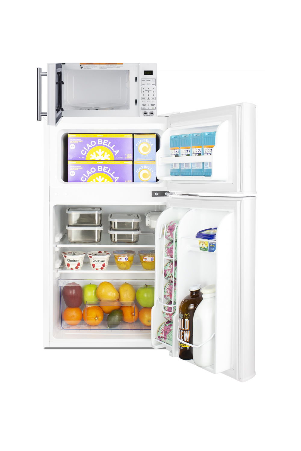 2-door refrigerator-freezer and compact microwave in white with allocator and USB ports for 1-plug operation; ships in three boxes on one pallet